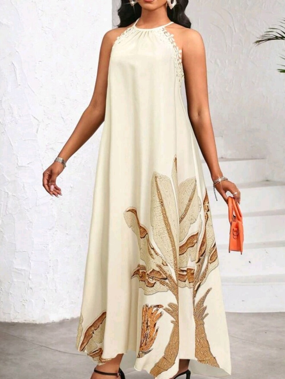 Khaki Tropical Print Halter Maxi Dress - Women XL